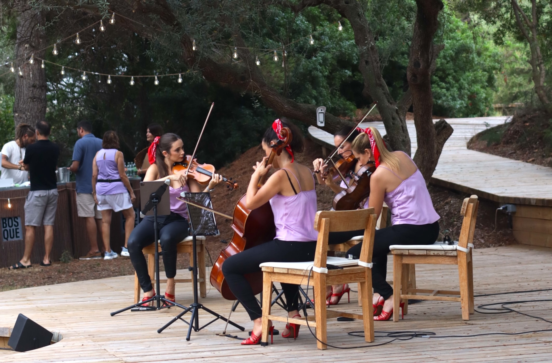 Cuarteto de cuerda actuando entre los pinos en Bosque Masía Bellver